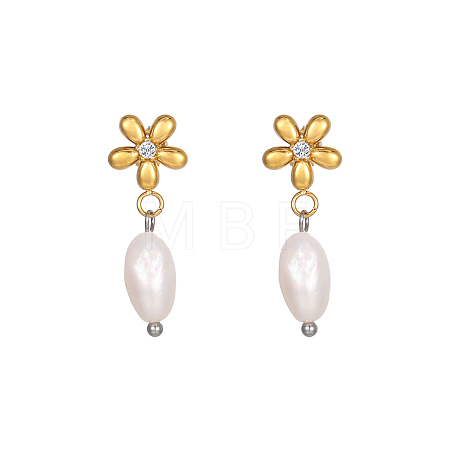 304 Stainless Steel Flower Earrings with Natural Pearls for Women GE0361-1-1