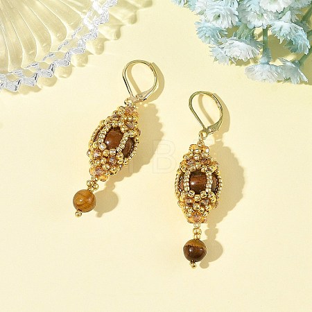 Natural Tiger Eye Leveback Earrings for Women EJEW-MZ00785-03-1