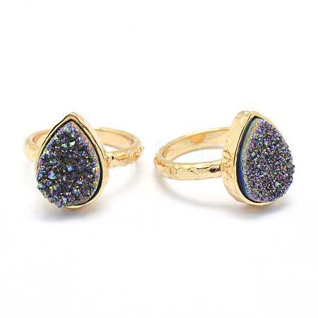 Electroplate Natural Druzy Quartz Crystal Finger Rings RJEW-I055-07G-RS-1