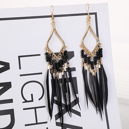 Bohemian Style Alloy Glass Seed Beaded Feather with Rhombus Chandelier Earrings FS-WG1E384-01-1