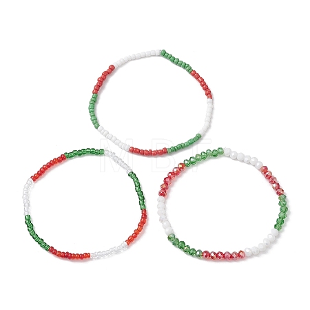 3Pcs 3 Styles Christmas Glass Seed Beaded Stretch Bracelet Sets BJEW-JB10472-1