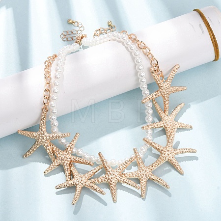 Ocean Imitation Pearl Beaded Alloy Starfish Bib Necklace Sets NJEW-Z116-03G-1