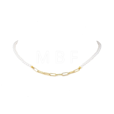 4MM White Round ABS Plastic Imitation Pearl Beaded & 304 Stainless Steel Paperclip Chain Necklaces NJEW-JN05676-1