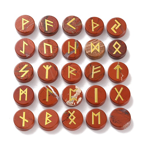 Brass Elder Futhark Alphabet Engraved Symbol Flat Round Natural Red Jasper Rune Stones G-I373-01C-1