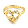 Heart with Letter Rack Plating Brass Micro Pave Clear Cubic Zirconia Adjustable Rings for Women RJEW-I105-01G-S-2