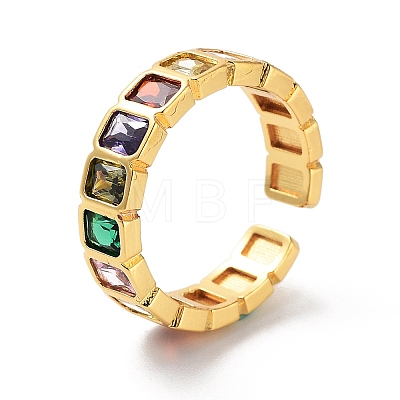 Rectangle Brass Micro Pave Cubic Zirconia Open Cuff Ring for Women RJEW-Z044-04G-01-1