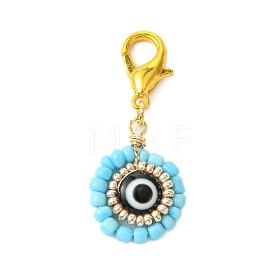 12Pcs 12 Colors Flat Round with Evil Eye Resin & Glass Seed Pendant Decorations HJEW-MZ00094-1