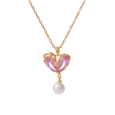 Valentine's Day Brass Pave Cubic Zirconia with White Round Plastic Pearl Heart Pendant 304 Stainless Steel Cable Chain Necklaces for Women WG93184-01-1