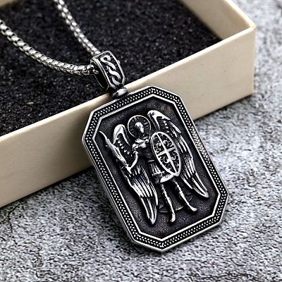 Religion 304 Stainless Steel Saint Michael Archangel Rectangle Octagon Pendant Necklaces for Men WGB4C05-01-1