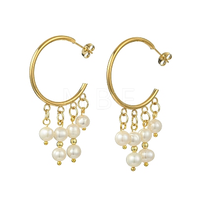 Round with C-Shaped Natural Pearl & 304 Stainless Steel Tassel Chandelier Earrings EJEW-JE07025-1
