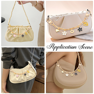 2Pcs 2 Colors Acrylic Heart & Alloy Enamel Pink and White Flower Pendant Alloy Cable Chain Bag Decorative Chains HJEW-BBC0001-35-1