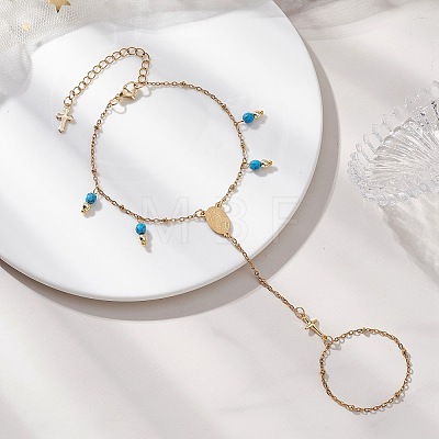 304 Stainless Steel with Synthetic Turquoise Link Ring Bracelets for Wome BJEW-JB13004-01-1