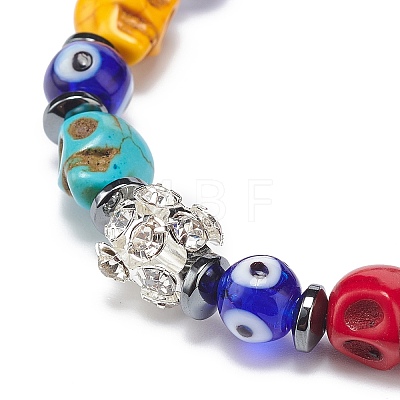 Lampwork Evil Eye & Dyed Synthetic Turquoise(Dyed) Skull Beaded Stretch Bracelets BJEW-JB08922-1