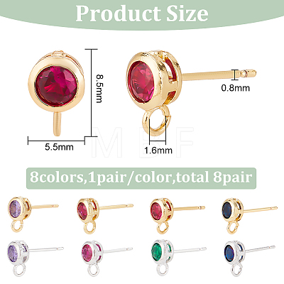 8 Pairs 8 Color Brass Micro Pave Cubic Zirconia Stud Earring Findings KK-BC0011-48-1