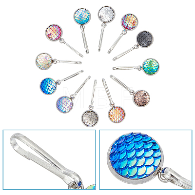12Pcs 12 Colors Mermaid Scale Alloy Resin Zipper Pulls Charms FIND-CY0002-30-1