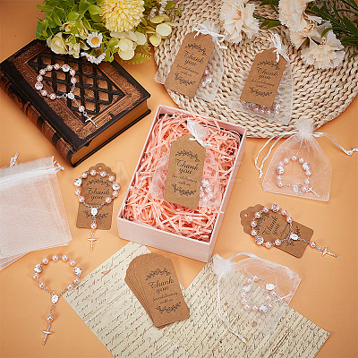 50Pcs Plastic Imitation Pearl and Porcelain Round Link Metal Virgin Cross Charm Rosary Bracelets BJEW-WA0001-07B-1