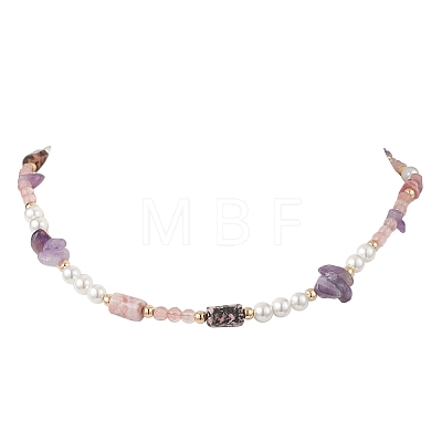 Round Cherry Quartz Glass & Natural Amethyst Chip & Rhodonite Baeded Necklaces for Women NJEW-JN05634-1