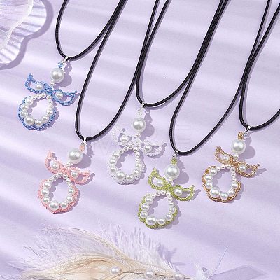 Glass Seed Beads & Shell Pearl Angel Pendant Necklaces NJEW-MZ00051-1