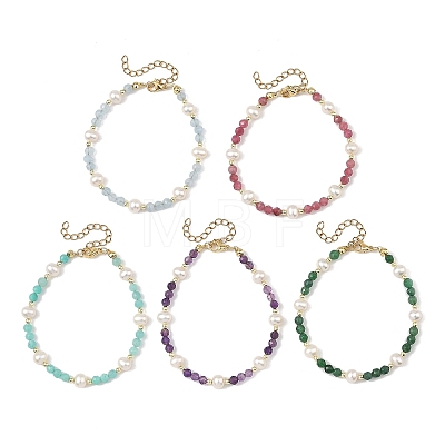 Faceted Round Gemstone & Natural Cultured Freshwater Pearl Beaded Bracelets for Women BJEW-JB14184-1