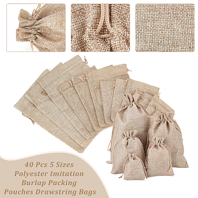 40Pcs 5 Sizes Polyester Imitation Burlap Packing Pouches Drawstring Bags ABAG-NB0001-65-1