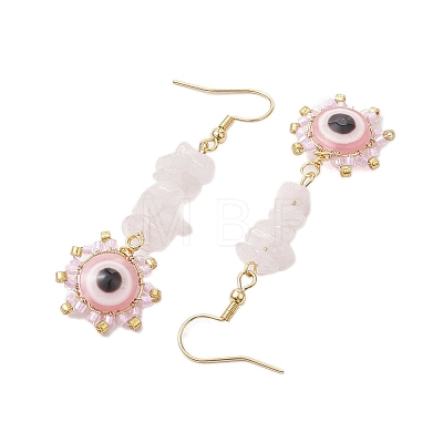 Evil Eye Natural Rose Quartz Chip & Seed Beads Dangle Earrings EJEW-MZ00166-01-1