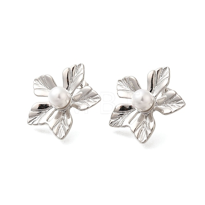 Rack Plating Flower Brass & ABS Imitation Pearl Stud Earrings EJEW-I310-21P-1