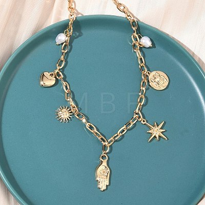304 Stainless Steel Hamsa Hand Heart Sun Pendant Bib Necklaces for Women NJEW-B151-02G-1
