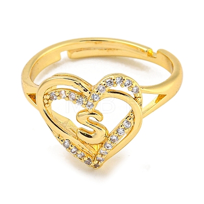 Heart with Letter Rack Plating Brass Micro Pave Clear Cubic Zirconia Adjustable Rings for Women RJEW-I105-01G-S-1