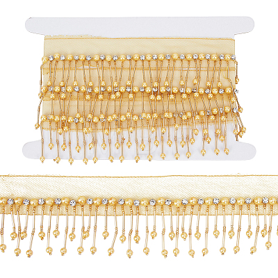 Polyester & Glass Rhinestone & Imitation Pearl Beaded Tassel Ribbon DIY-CY0003-68A-1