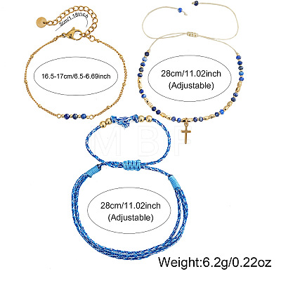 3Pcs Adjustable Natural Lapis Lazuli Beaded Braided Bracelet Sets IL6512-3-1