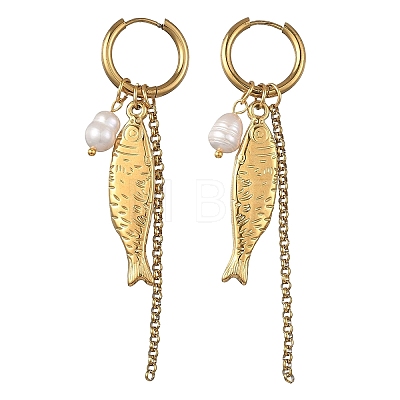 Natural Cultured Freshwater Pearl & 304 Stainless Steel Fish Charm Dangle Earrings for Women EJEW-JE07142-1