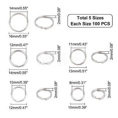 Unicraftale 500pcs 5 Style 304 Stainless Steel Split Rings STAS-UN0026-11-1