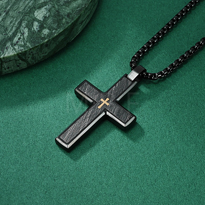 304 Stainless Steel with Wood Religion Cross Pendant Box Chain Necklaces for Men FS-WGA9A37-01-1