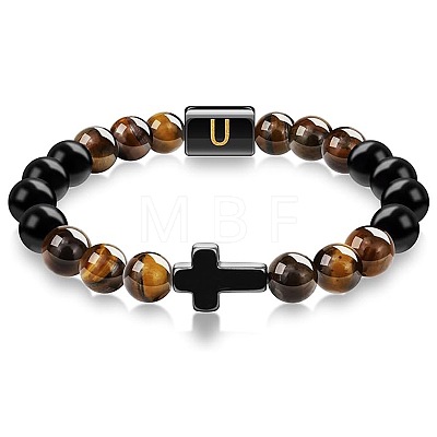 8MM Natural Tiger Eye and Matte Black Obsidian Round Beaded Stretch Bracelets SL9862-21-1
