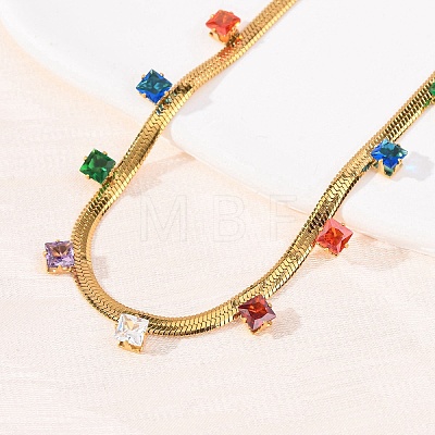 304 Stainless Steel Flat Snake Chain Necklaces with Square Cubic Zirconia NJEW-P355-02G-02-1