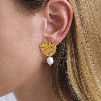 Leaf 304 Stainless Steel Dangle Stud Earrings EJEW-A163-02G-1