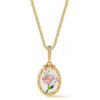 Vintage Brass Pave Clear Cubic Zirconia Enamel Oval with Flower Pendant Necklaces for Women WGF0AA9-02-1