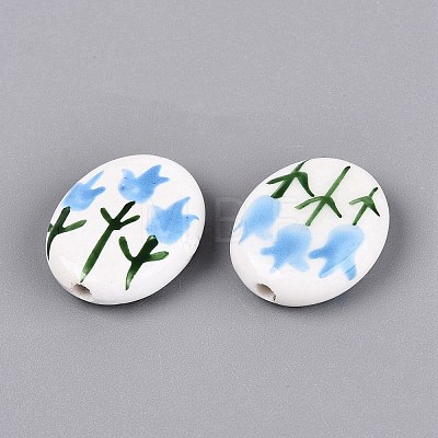 Hand Painted Tulip Flower Oval Porcelain Beads PORC-N012-11G-1