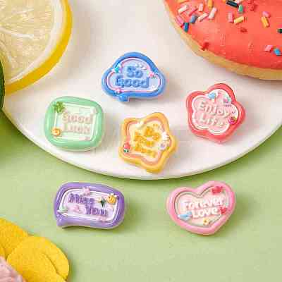 6Pcs 6 Styles Cartoon Word Opaque Resin Brooches JEWB-BR00157-1