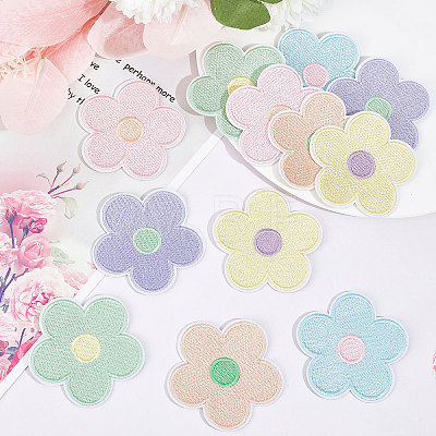 Macaron Color 5-Petal Flower Shape Iron on/Sew on Computerized Embroidery Polyester Clothing Patches DIY-WH0401-62-1
