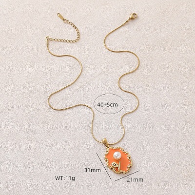 304 Stainless Steel Enamel Oval with Flower Pendant Necklaces with Imitation Pearl UX2387-1