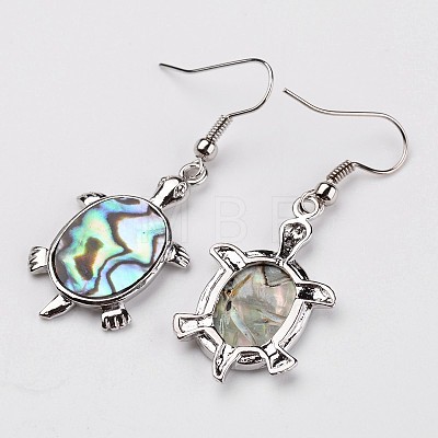Tortoise Platinum Tone Brass Natural Paua Shell Dangle Earrings X-EJEW-M060-18-1