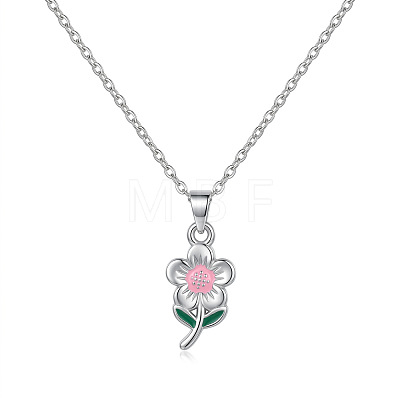 304 Stainless Steel Enamel Pink Flower Pendant Necklaces for Women WGD8704-01-1