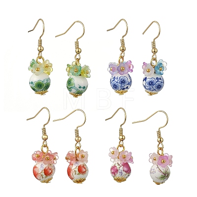 Handmade Flower Printed Porcelain Ceramic Dangle Earrings EJEW-JE07288-1