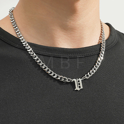 304 Stainless Steel Initial Pendant Cuban Link Chain Necklaces FS-WGB15F2-12-1
