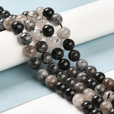 Natural Black Rutilated Quartz Beads Strands G-R446-8mm-37-01-1