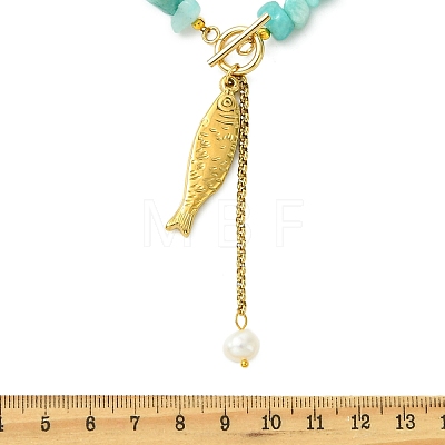 304 Stainless Steel Fish Pendant Natural Amazonite Chip and Pearl Beaded Necklaces for Women NJEW-JN06299-01-1