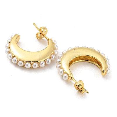 Brass Crescent Moon Stud Earrings with Plastic Pearl Beaded EJEW-Q785-21G-1