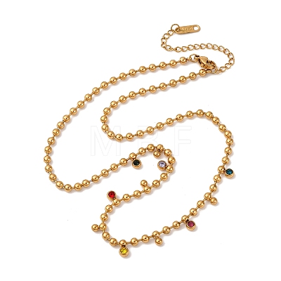 304 Stainless Steel Ball Chain Colorful Cubic Zirconia Flat Round Tassel Necklaces for Women NJEW-L157-10G-1