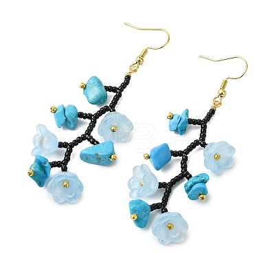 Glass Seed with Natural South Red Agate & Synthetic Turquoise & Natural Rose Quartz Dangle Cluster Earrings EJEW-MZ00726-1